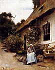 Claude Joseph Bail Wall Art - Woman Sewing In Front Of Her Cottage